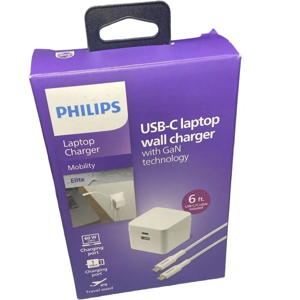 Philips 67.5W GaN USB-C PD Wall Charger + 6ft Cable, Dual Port, BOX WEAR See Pic